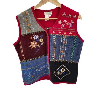 Vintage Granny J Brown Wool Embroidered Floral Vest Cottage Red Blue SZ P Medium